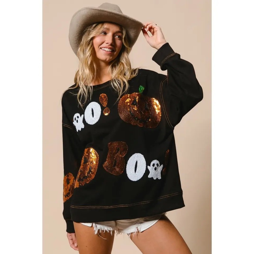 BiBi Halloween Sequin Pumpkin Ghost Boo Sweatshirt Black Size S NWT